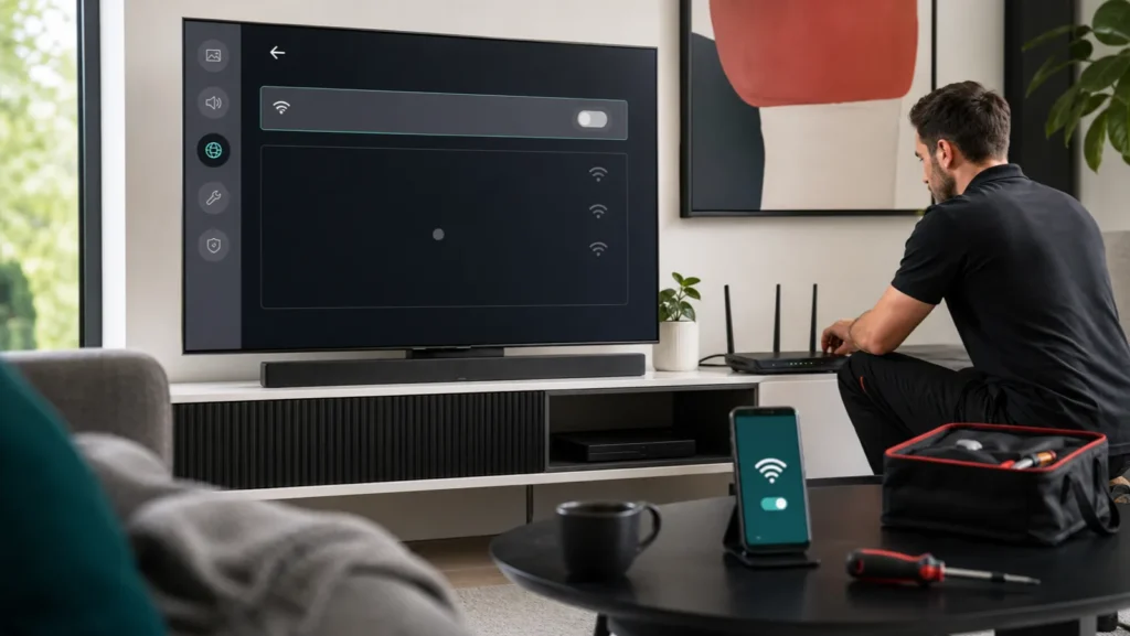 TV intelligente avec option Wi-Fi grisée, routeur et téléphone servant de point d’accès pour le diagnostic