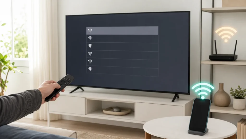 Televisor buscando redes Wi-Fi mientras se comparan un hotspot móvil y el router doméstico