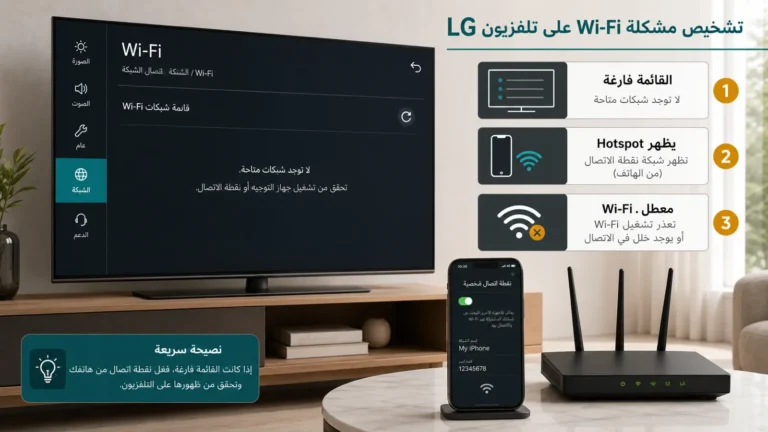 تلفزيون ذكي يعرض قائمة Wi-Fi فارغة مع اختبار نقطة اتصال الهاتف وحالات الشبكة الثلاث