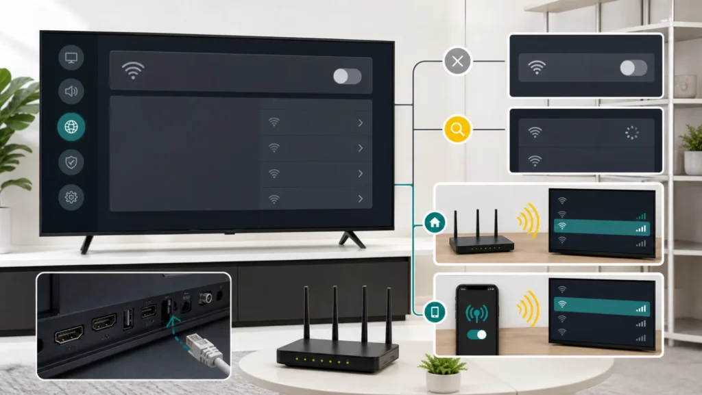 Smart TV network menu with disabled Wi-Fi empty scan router hotspot test and unplugged Ethernet cable