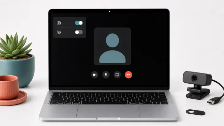 مستخدم يفحص كاميرا Mac واللمبة الخضراء وإعدادات الخصوصية