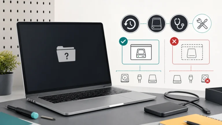 Mac يعرض مجلد علامة استفهام مع Recovery وDisk Utility ومسار القرص الظاهر والغائب