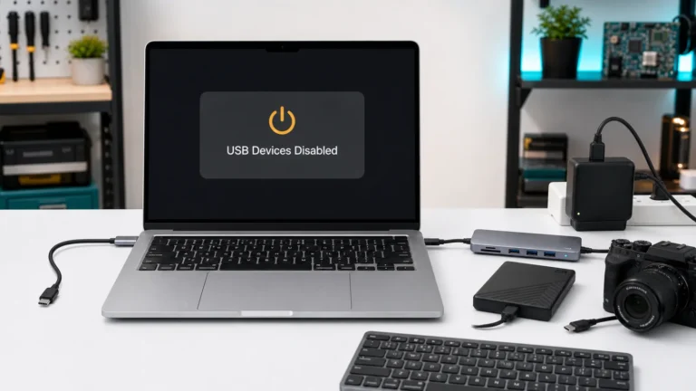 حاسوب Mac يعرض USB Devices Disabled مع هب USB-C مزود بالطاقة وأجهزة مفصولة للاختبار المباشر