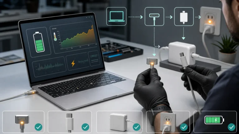 فني يقارن كابل MagSafe وUSB-C ومحول الطاقة لتشخيص شحن MacBook Air