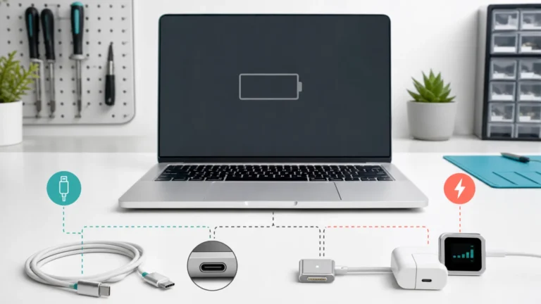 MacBook لا يشحن مع كابل USB-C وموصل MagSafe ومحول طاقة ومقياس واط لتشخيص مسار الشحن