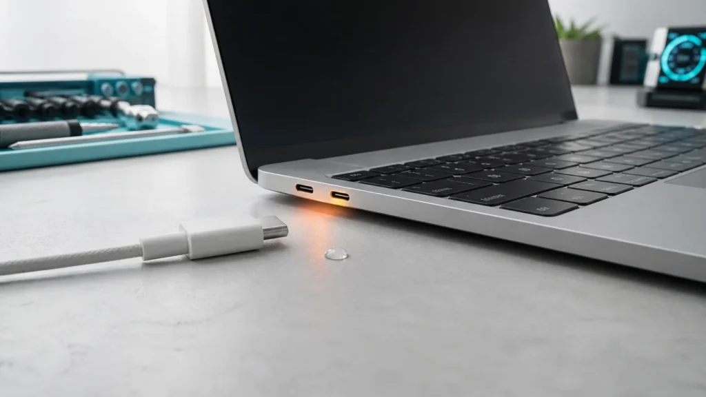 منفذ USB-C في MacBook مع كابل مفصول وقطرة ماء صغيرة وتحذير ضوئي