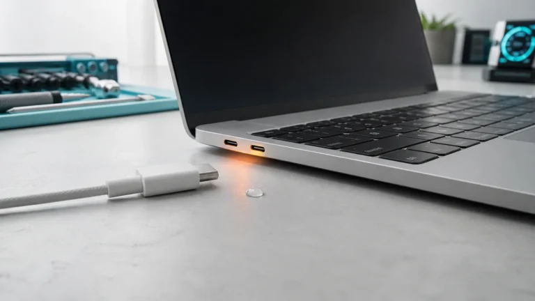 منفذ USB-C في MacBook مع كابل مفصول وقطرة ماء صغيرة وتحذير ضوئي