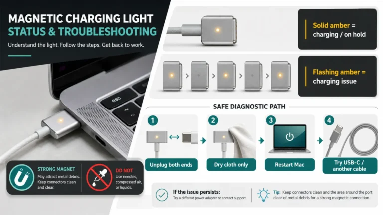 موصل MagSafe 3 مع مقارنة الضوء الكهرماني الثابت والوميض المتكرر ومسار تنظيف واختبار آمن