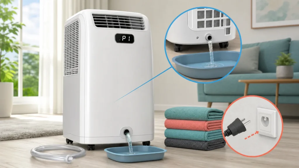 مكيف Midea متنقل يعرض P1 مع تصريف الصينية السفلية في وعاء والقابس مفصول