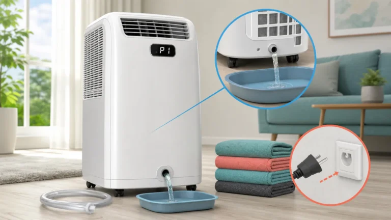 مكيف Midea متنقل يعرض P1 مع تصريف الصينية السفلية في وعاء والقابس مفصول