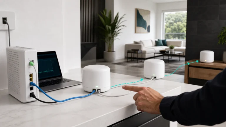 Modem connected to primary mesh router and two points with direct laptop and backhaul tests