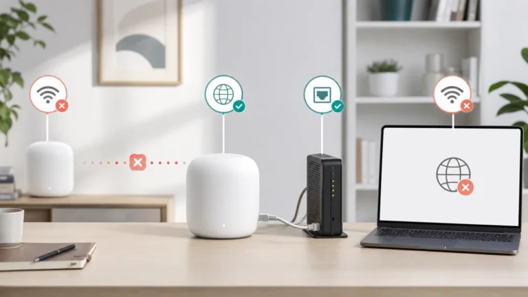 Red Nest Wifi con módem y router principal conectados por Ethernet, punto mesh aislado y portátil sin Internet