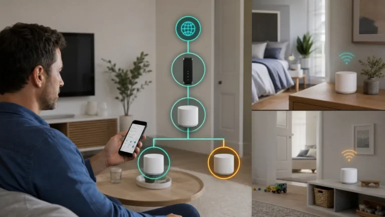 Utilisateur vérifie un réseau Nest Wifi avec routeur principal et points mesh dans plusieurs pièces