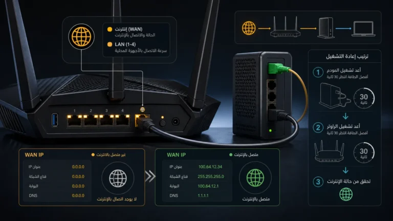 راوتر ومودم يوضحان لمبة Internet البرتقالية مقابل لمبات LAN وعنوان WAN قبل وبعد الاتصال