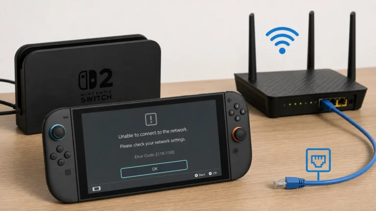Nintendo Switch يعرض 2110-1100 قرب راوتر مع مقارنة Wi-Fi وكابل Ethernet