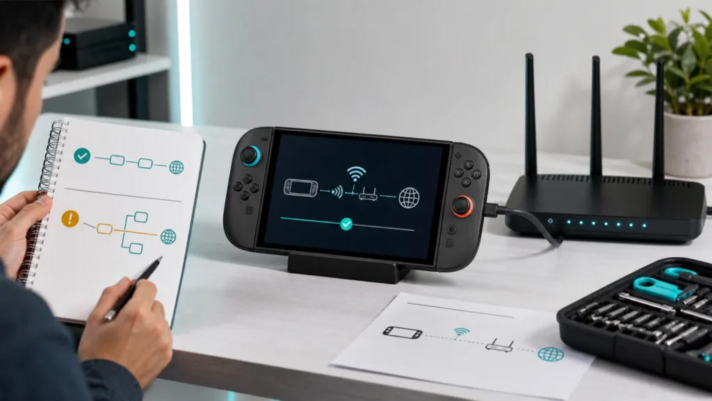 مستخدم يفحص إعداد DNS واختبار الاتصال على Nintendo Switch بجانب الراوتر