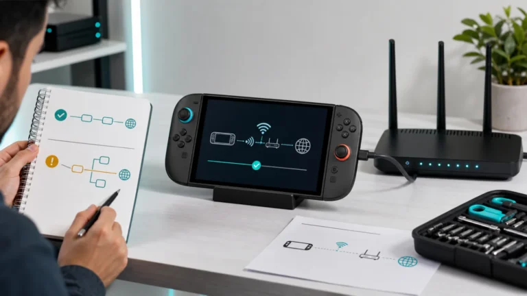 مستخدم يفحص إعداد DNS واختبار الاتصال على Nintendo Switch بجانب الراوتر