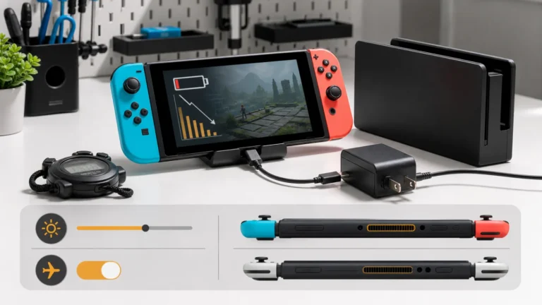 جهاز Nintendo Switch مع مؤشر بطارية منخفض ومحول USB-C وقياس السطوع وAirplane Mode