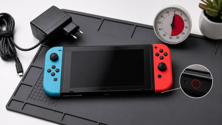 Nintendo Switch بشاشة سوداء مع محول USB-C ومؤقت 30 ثانية وتحديد زر الطاقة لاختبار عدم التشغيل بأمان