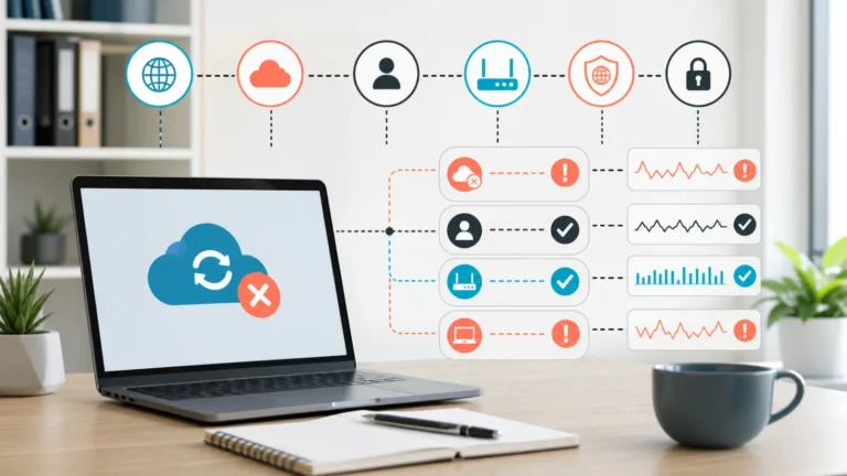 حاسب يوضح اختبار OneDrive عبر الويب والشبكة وProxy وTLS وعميل المزامنة