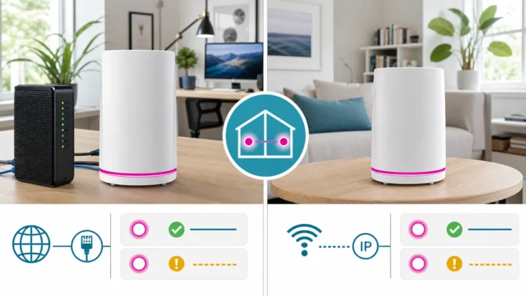 راوتر Orbi وساتلايت بضوء بنفسجي مع مقارنة عطل الإنترنت وعطل Backhaul