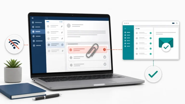 Outlook يعرض أقدم رسالة عالقة في Outbox بسبب مرفق كبير مع حالة Offline واختبار البريد على الويب