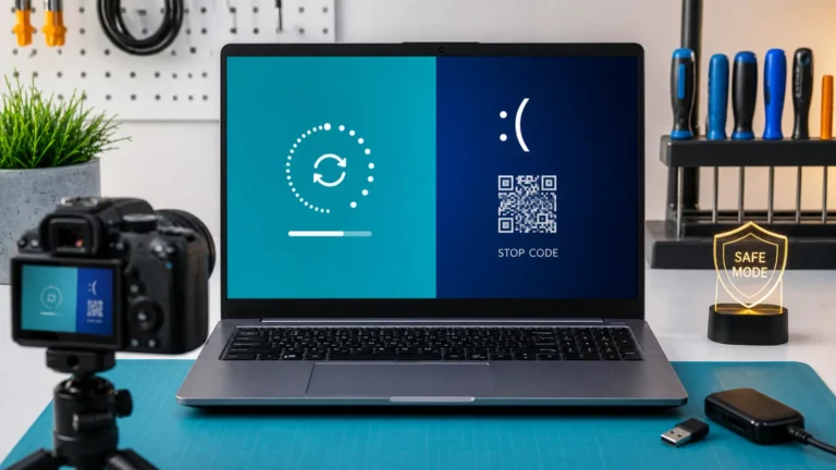 Portátil con actualización de Windows y pantalla de Stop Code fotografiada para diagnóstico