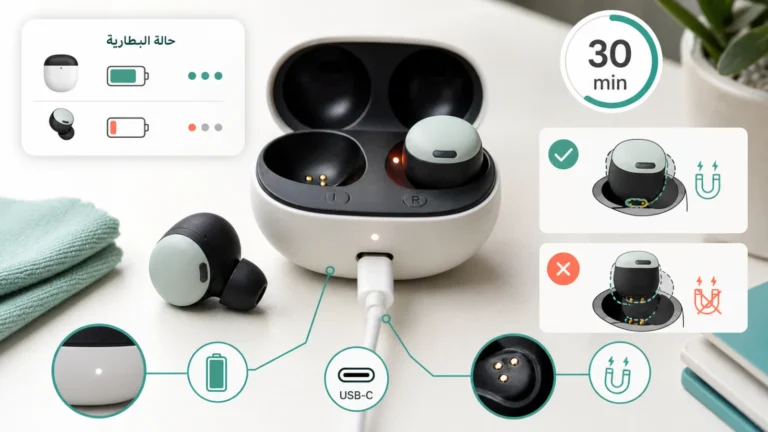 علبة Pixel Buds مفتوحة مع سماعة مستقرة وأخرى غير مستقرة ونقاط شحن وضوء داخلي وخارجي ومؤقت 30 دقيقة