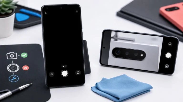 هاتف Android يعرض كاميرا سوداء بجانب هاتف يختبر العدسة الخلفية وقماش تنظيف ناعم