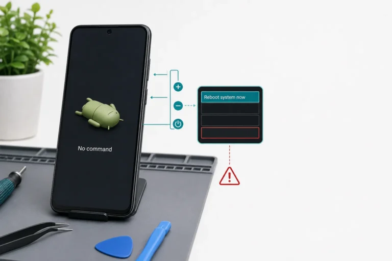 هاتف Pixel يعرض No command مع أزرار Power وVolume Up وخيار Reboot system now الآمن وتحذير من مسح البيانات