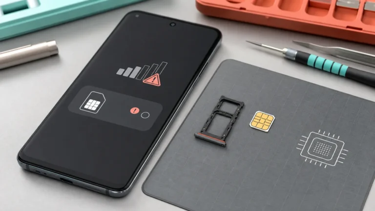 هاتف أندرويد يعرض تحذير شبكة بجوار درج nano SIM ورمز eSIM تشخيصي