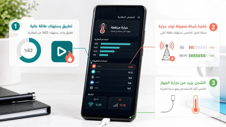 هاتف Pixel يعرض تشخيص البطارية والحرارة مع تطبيق مرتفع الاستهلاك وإشارة 5G ضعيفة ومقارنة Wi-Fi والشحن