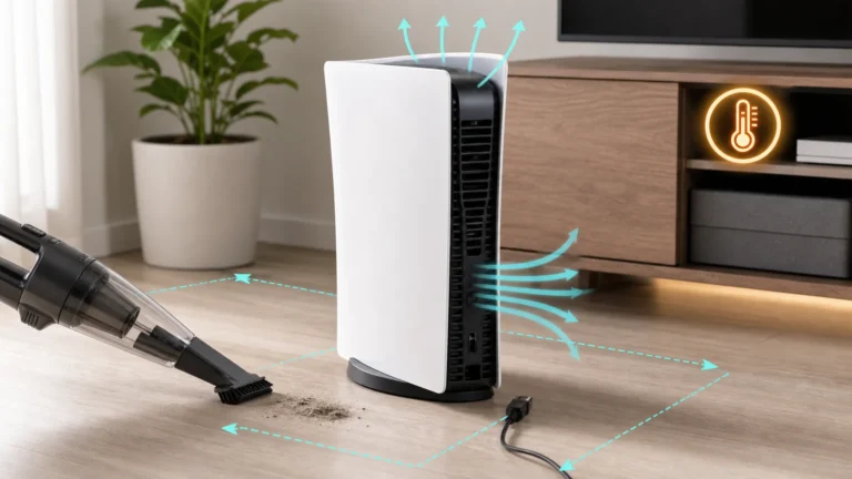 جهاز ألعاب PS5 في مساحة مفتوحة مع تدفق هواء وتنظيف غبار خارجي بمكنسة منخفضة القوة بعد فصل الكهرباء