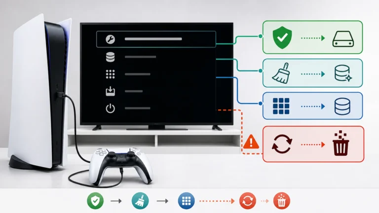 PS5 في Safe Mode مع مسار آمن للإصلاح والكاش وقاعدة البيانات وتحذير من Reset