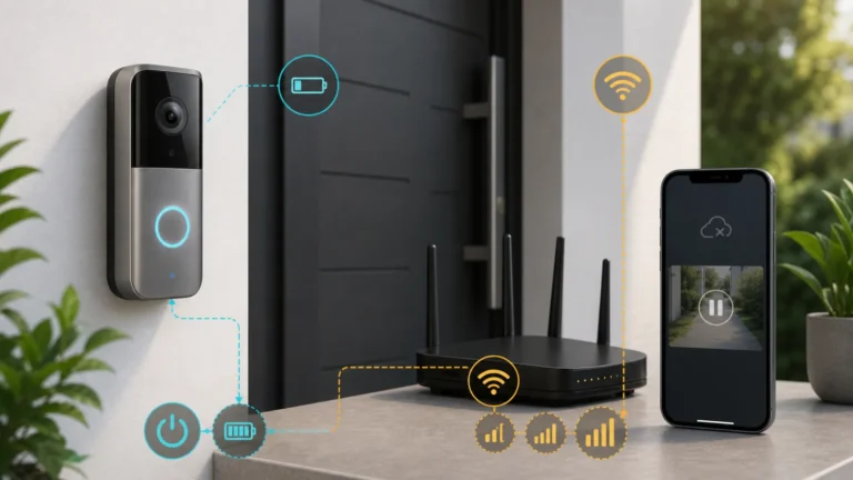 جرس باب ذكي مع مساري فحص البطارية والطاقة وإشارة Wi-Fi وRSSI وهاتف يعرض توقف البث المباشر