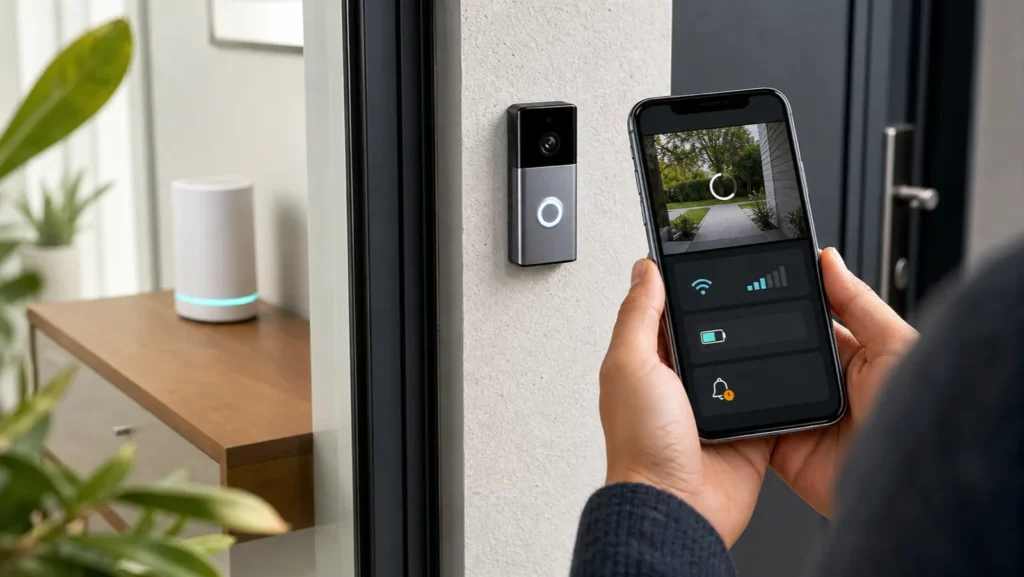 Video doorbell with phone showing Wi-Fi signal, battery health, and a Live View loading test