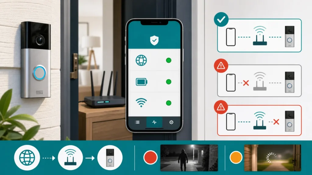 Sonnette vidéo connectée avec téléphone affichant état, batterie et Wi-Fi entre routeur et Live View