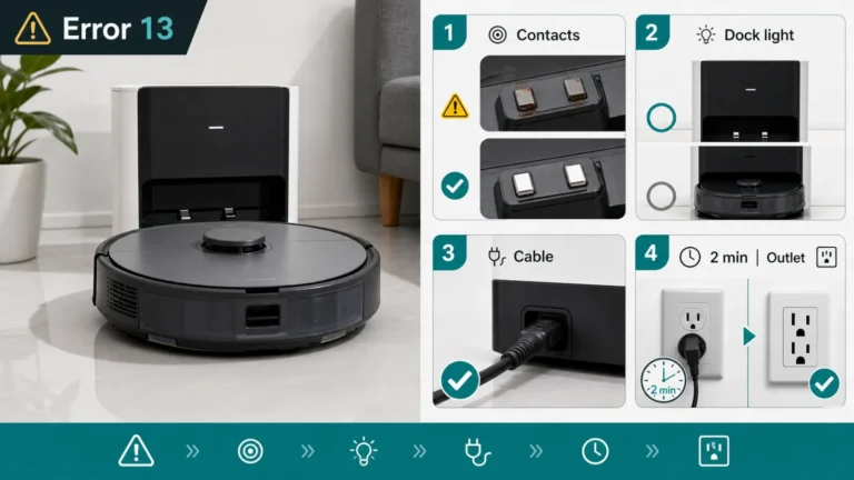 روبوت Roborock وقاعدة شحن مع تشخيص Error 13 عبر نقاط التلامس ومصباح القاعدة والكابل
