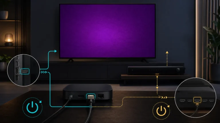 تلفزيون بشاشة بنفسجية مع جهاز بث واختبار منفذ HDMI والتوصيل المباشر مقابل جهاز الصوت وإعادة تشغيل الطاقة