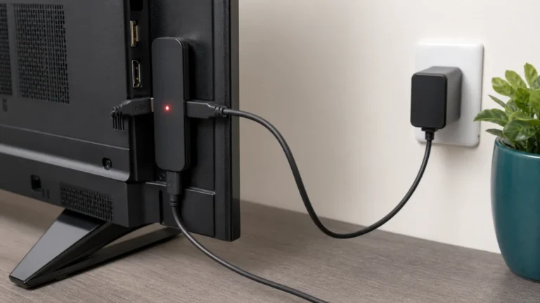 مشغل بث خلف التلفزيون بضوء أحمر مع مقارنة التغذية من USB ومحول الحائط