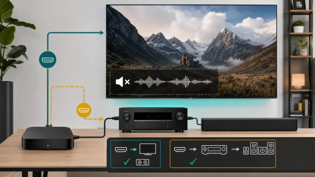 مشغل بث موصول بتلفزيون وAVR وسماعة مع صورة ظاهرة ومؤشر صوت مكتوم ومسار HDMI مباشر