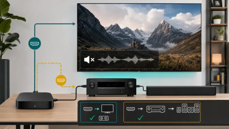 مشغل بث موصول بتلفزيون وAVR وسماعة مع صورة ظاهرة ومؤشر صوت مكتوم ومسار HDMI مباشر