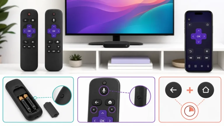 ريموت Roku بسيط وصوتي مع بطاريات وزر Pairing واختصار Back وHome وتطبيق الهاتف