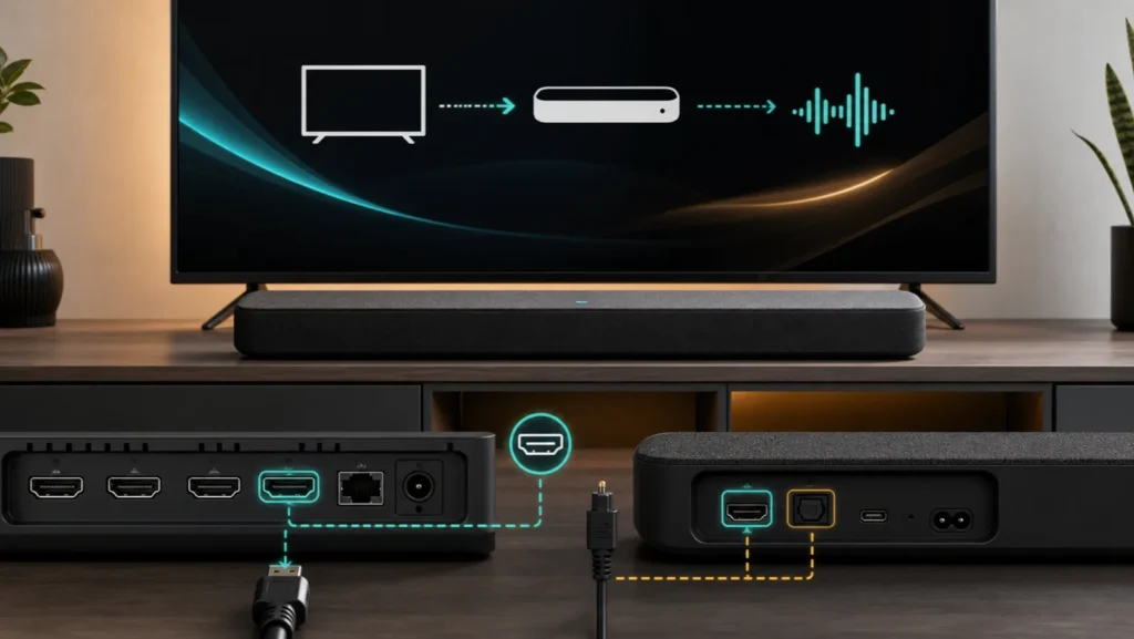 تلفزيون وStreambar مع توضيح مسار HDMI ARC والمسار البصري البديل للصوت