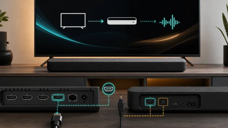 تلفزيون وStreambar مع توضيح مسار HDMI ARC والمسار البصري البديل للصوت