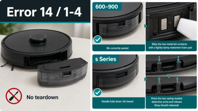 مكنسة Roomba وصندوق الغبار مع تشخيص Error 14 و1-4 ونقاط التلامس وأذرع s Series