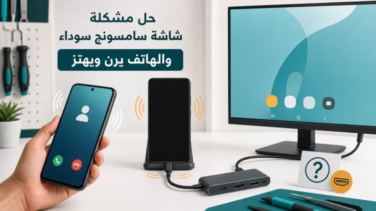 هاتف Galaxy بشاشة سوداء يرن بجانب هاتف متصل ومحول USB-C HDMI وشاشة خارجية