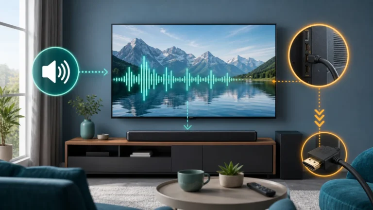 تلفزيون يعرض صورة واختبار موجة صوت مع مسارين واضحين لسماعة التلفزيون وكابل HDMI وساوندبار