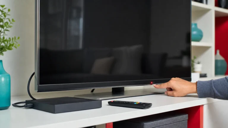 Samsung style television with red standby light remote physical power button and external connection box