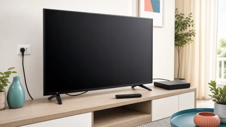 Téléviseur avec écran éteint et voyant de veille rouge, télécommande, prise murale et boîtier One Connect